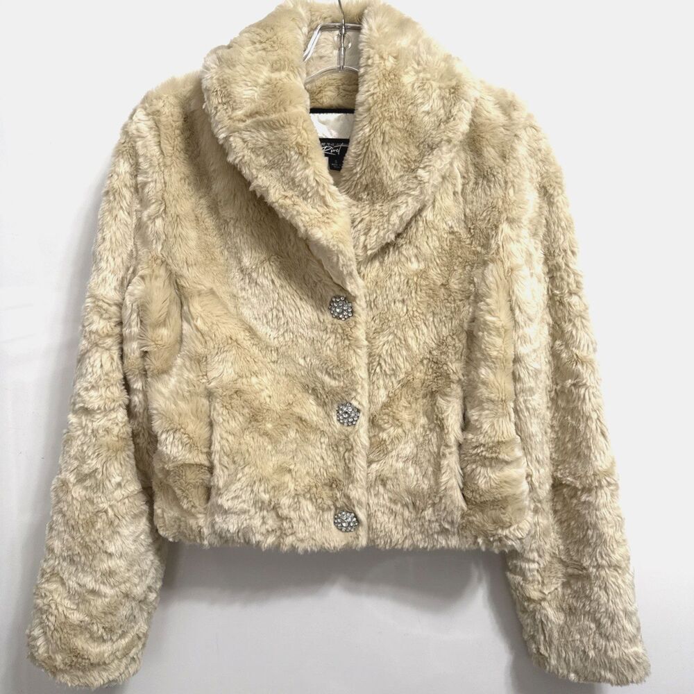 Vintage 1980s Black Rivet Small Faux Fur Coat Jacket Crystal Snaps Lined Pockets